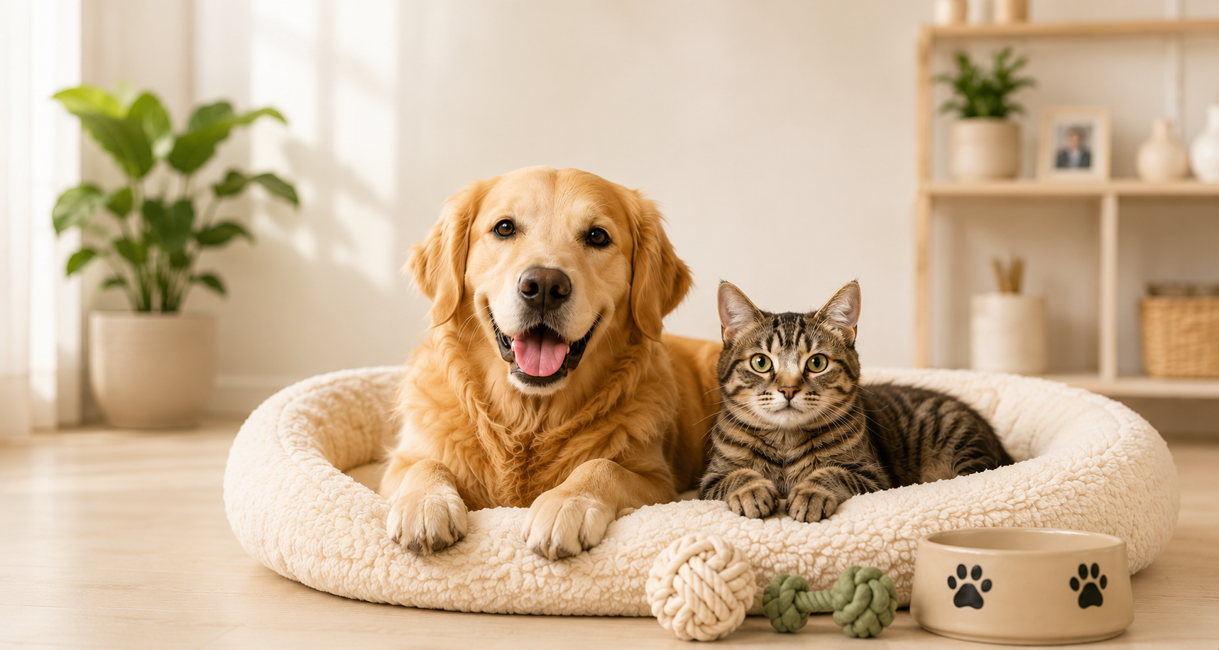  Chien et chat heureux entourés d'accessoires PoilParfait